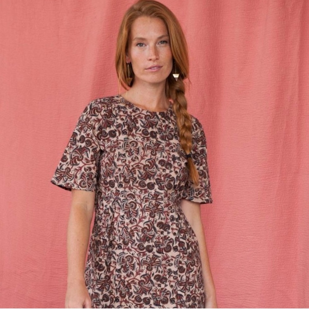 Mata Traders Short Sleeve Ritu Beige/Navy/Brown 💯% Cotton Dress Small (2-4)